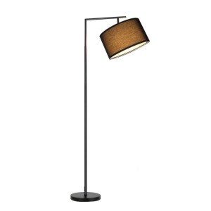 Schwarze moderne Stehlampe mit Stoffschirm und schlankem Metallgestell, ideal für Wohnzimmer oder Schlafzimmer. E27-Fassung.