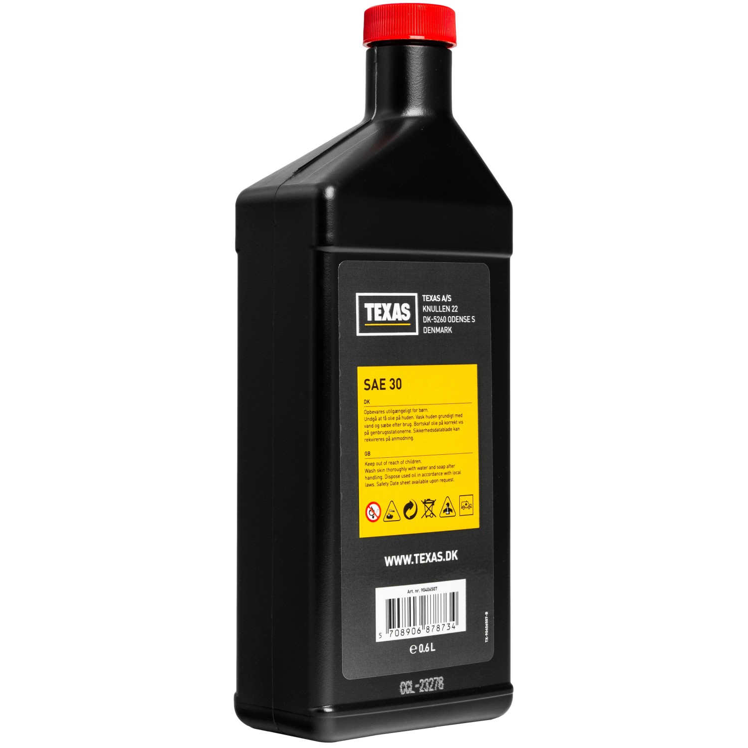 Texas Motoröl SAE30 0,6 l für Kettensägen und Rasenmäher. 4-Takt Öl im schwarzen Kanister mit rotem Deckel.