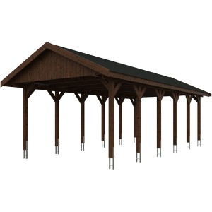 Satteldach-Carport Wallgau in Nussbaum mit schwarzen Dachschindeln, Ansicht von vorn.