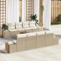 Beiges 9-teiliges Garten-Sofa-Set aus Poly Rattan mit Kissen und Tisch.