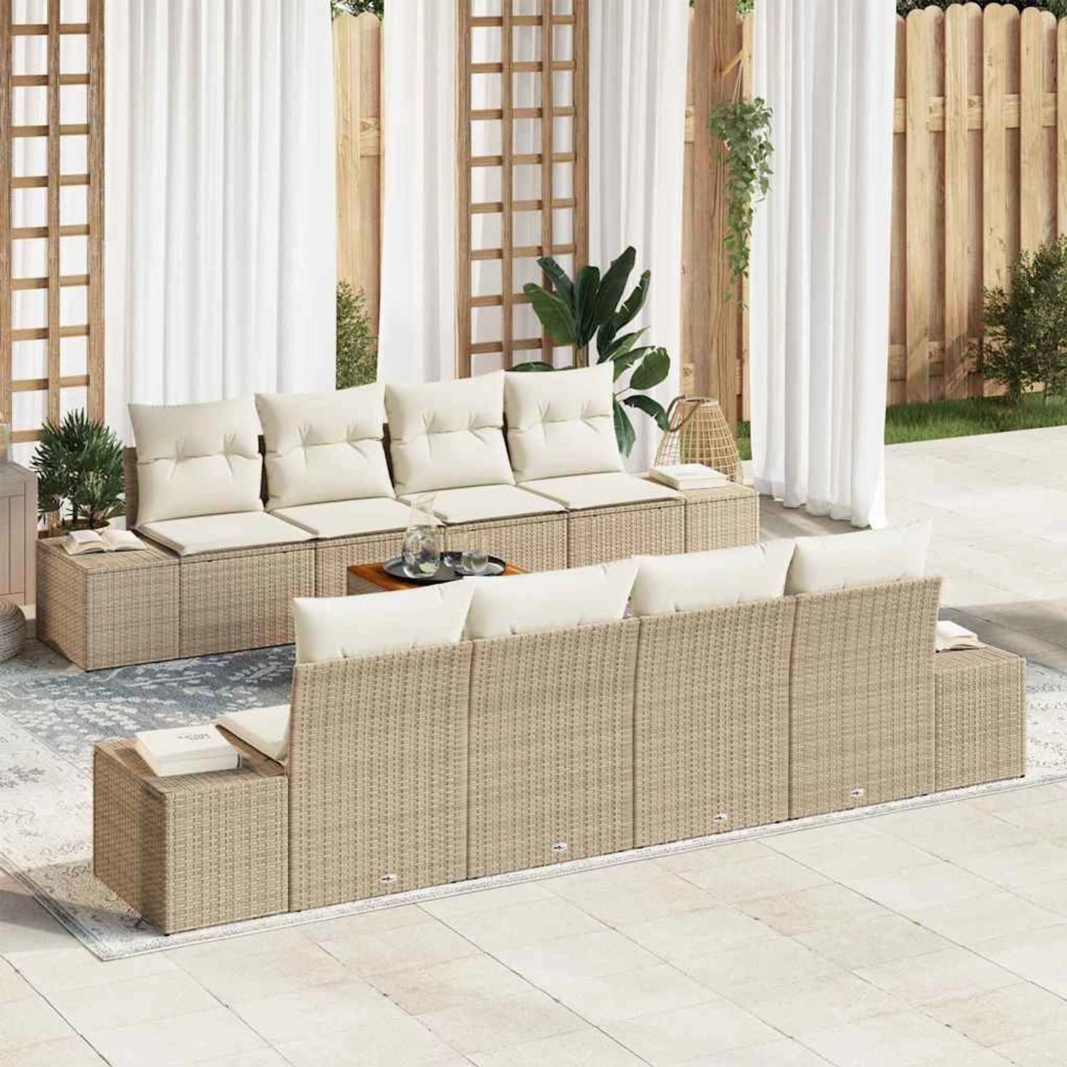 Beiges 9-teiliges Garten-Sofa-Set aus Poly Rattan mit Kissen und Tisch.