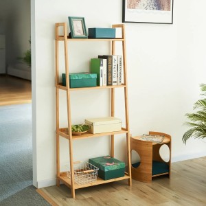 Svita Raja Bambus Bücherregal mit 4 Ebenen in natürlicher Holzoptik für Wohnzimmer und Flur.