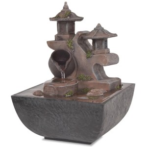 VidaXL Zimmerbrunnen mit LED, Polyresin, grau-braun, mit Miniatur-Pagoden und Wasserkrug.