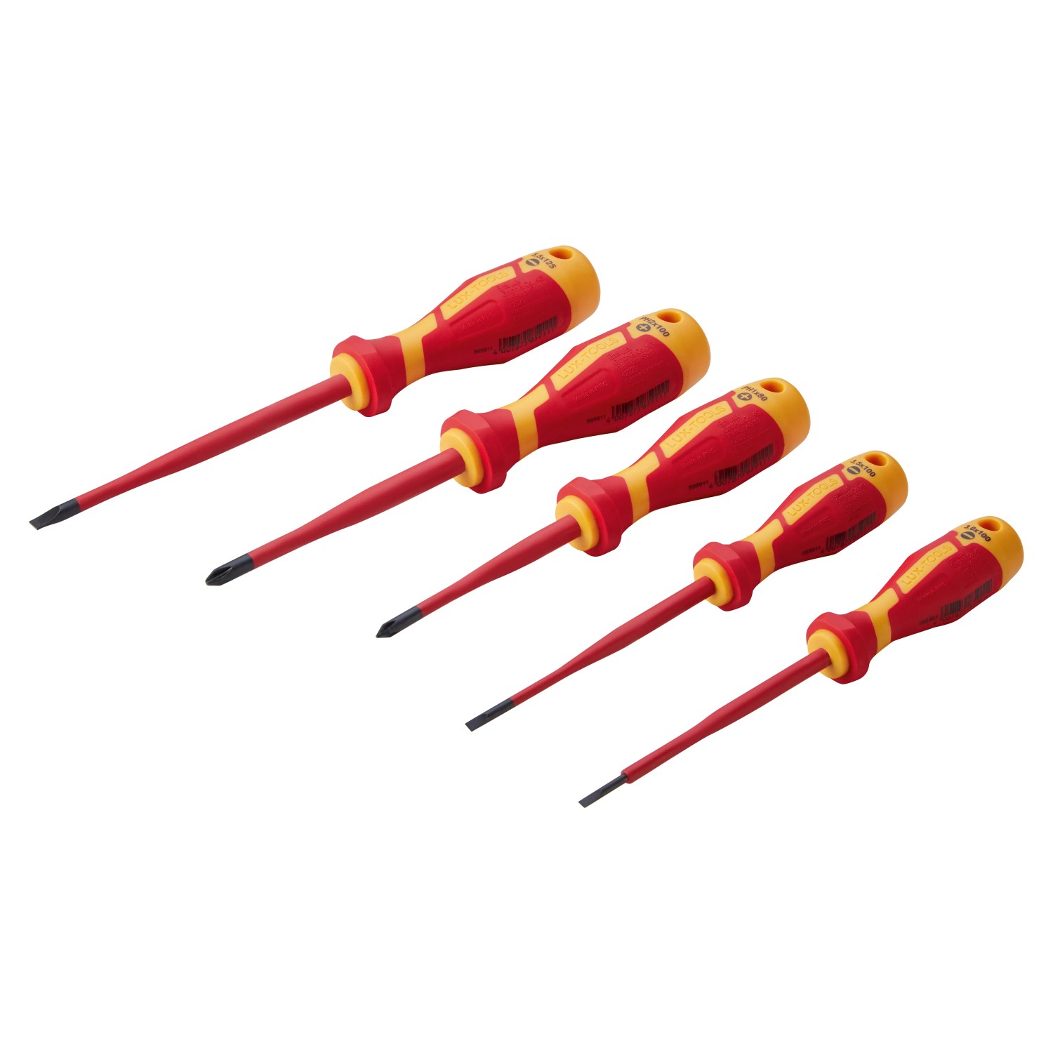 5-teiliges LUX VDE Schraubendreherset Slim für Elektroarbeiten mit Schlitz und Kreuzschlitz.