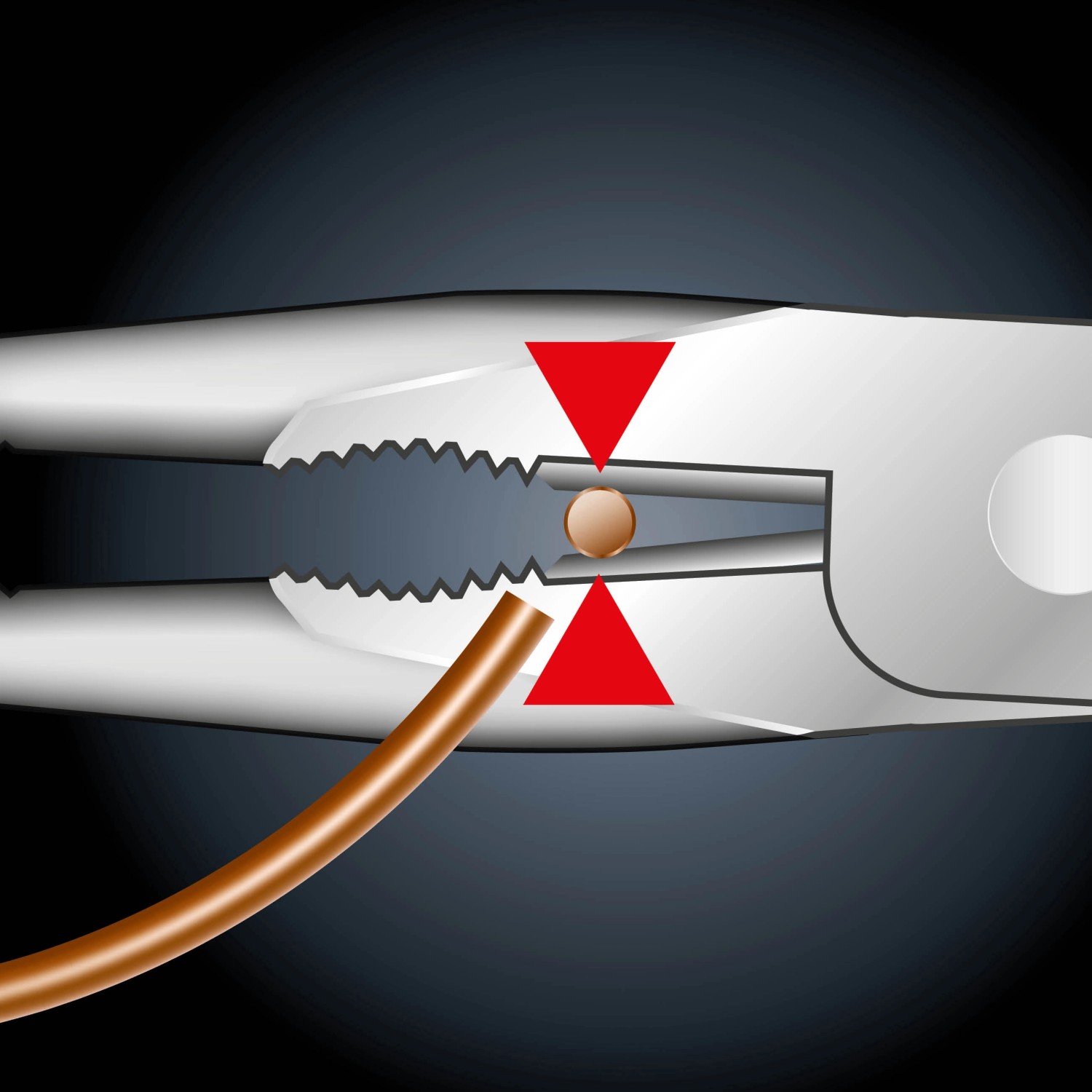 LUX Telefonzange Professional 200 mm schneidet ein Kabel, Nahaufnahme.