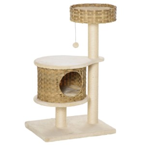 PawHut Kratzbaum mit Rattan-Katzenhaus, Sisalstämmen, Plüschplattformen und Spielball. Für Katzen.
