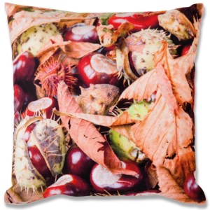Bestlivings Kissenhülle 2er-Pack mit Fotodruck Eichhörnchen, 40x40 cm, Motiv: Kastanien und Herbstlaub.