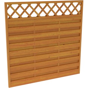 Sichtschutzzaun Country, pinienfarben lasiert, 180x180 cm, mit Lattenzaun-Abschluss.
