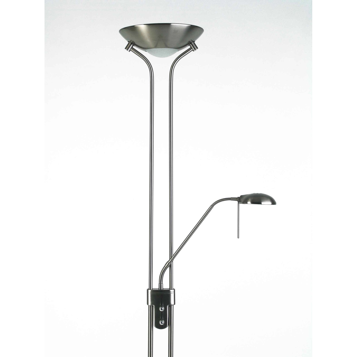 Eisenfarbener Brilliant Deckenfluter Nebraska mit Lesearm, indirektes Licht und flexible Leselampe.