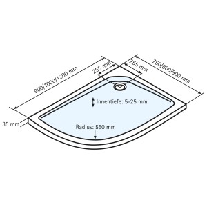 Technische Zeichnung: Schulte Duschwannen-Set Viertelkreis asymmetrisch rechts, 90x80 cm, Maße.