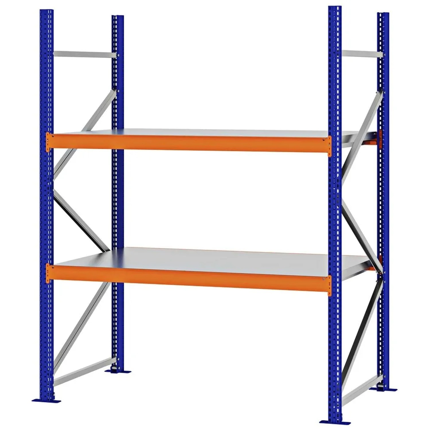 PROREGAL Weitspannregal Schraub-Stecksystem MAGNUS PRO Made In Germany Grundregal 200x150x80cm 2 Ebenen Stahlböden Fachlast 750kg Blau/Orange