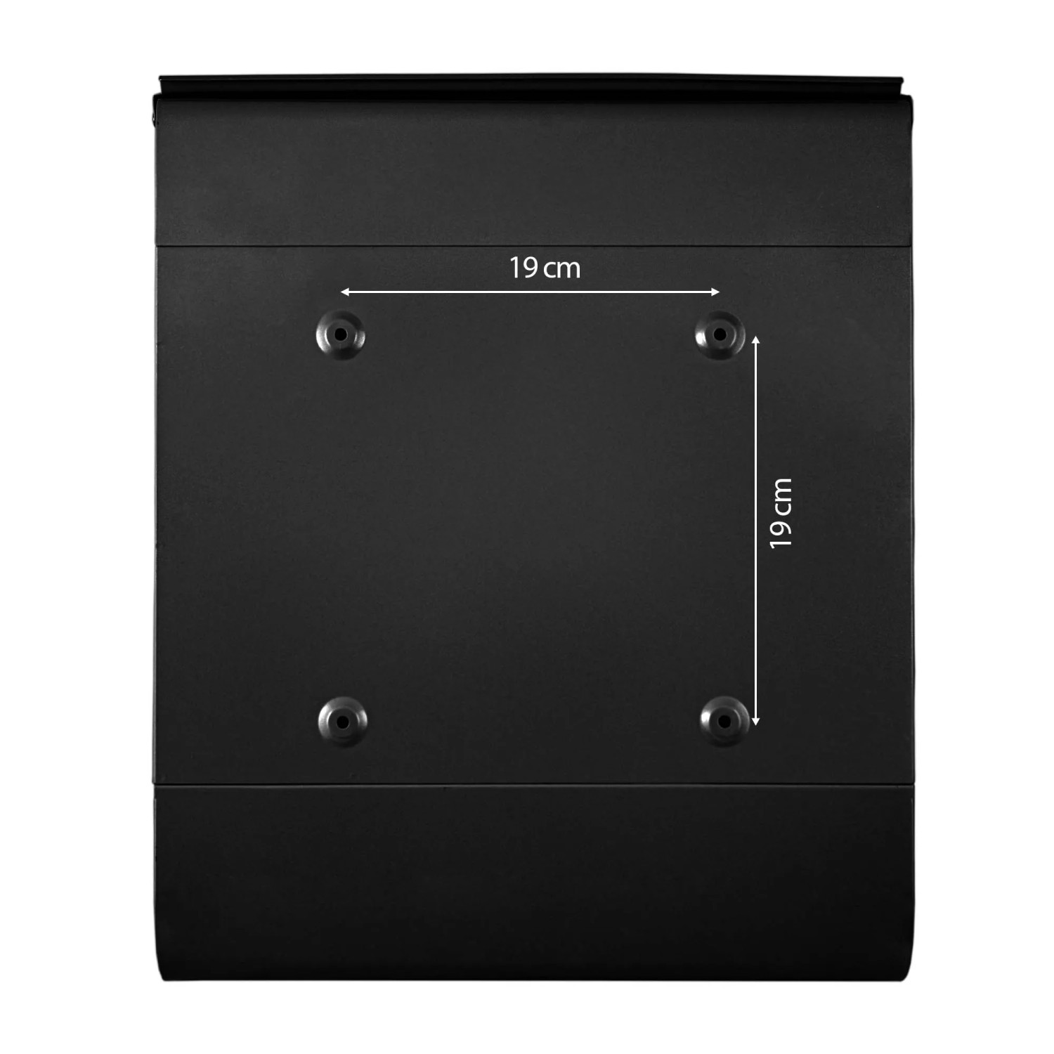 Rückansicht Banjado Design Briefkasten Schwarz mit Bohrlöchern zur Wandmontage.