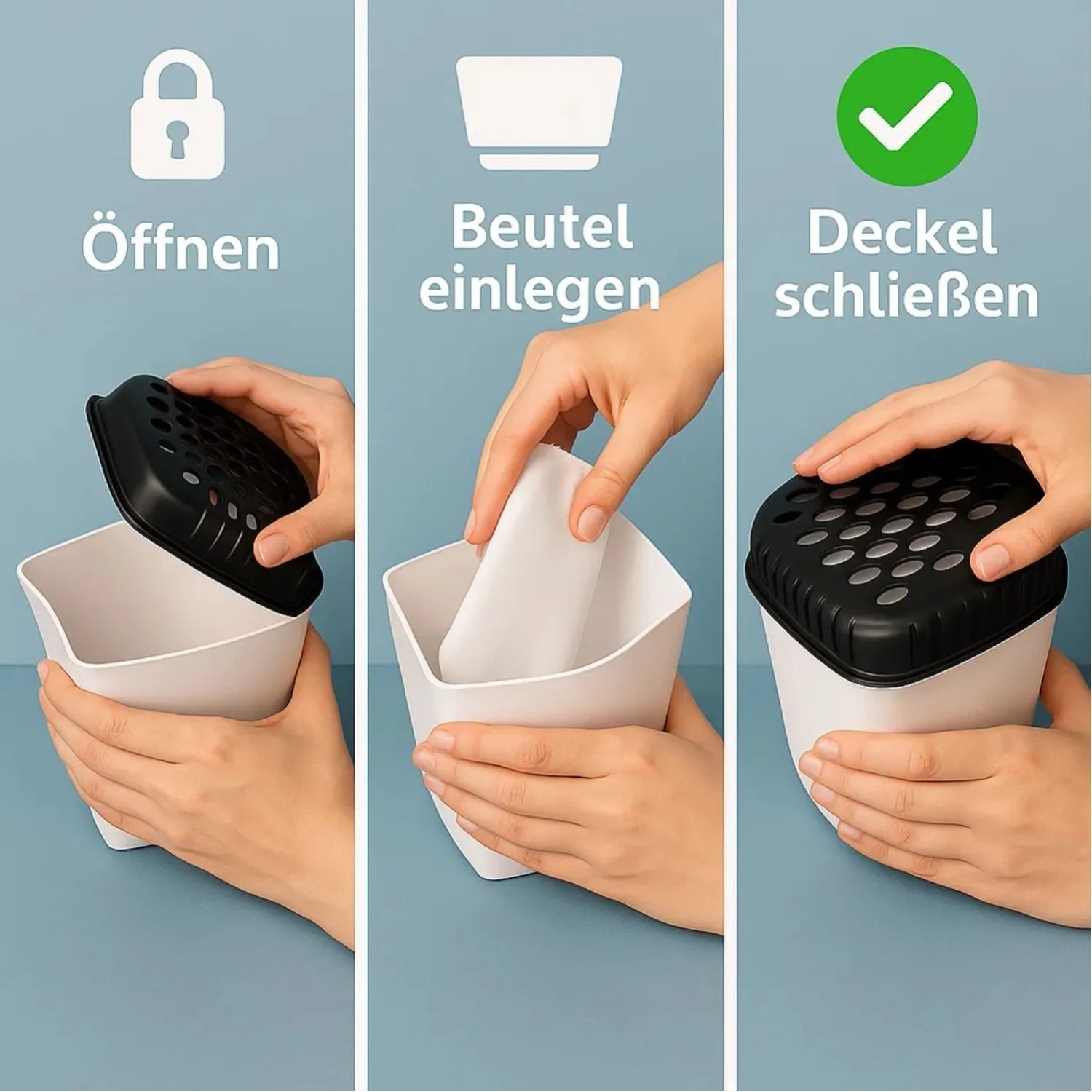 Anleitung: Luftentfeuchter-Behälter öffnen, Granulat-Nachfüllpack einlegen, Deckel schließen. Einfache Anwendung.