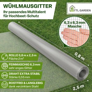 TTL GARDEN Wühlmausgitter 2,5m x 0,8m Verzinkt auf Rolle Drahtgitter Schutz für Hochbeet Rasen Pflanzen gegen Wühlmäuse