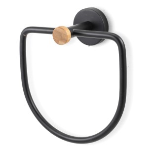 Schwarzer MSV Handtuchring Iana aus Stahl und Bambus zur Wandmontage.
