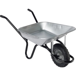 Einrad-Schubkarre mit 90 l Mulde, verzinkt, und schwarzem Gestell. Ideal für Bau und Garten.