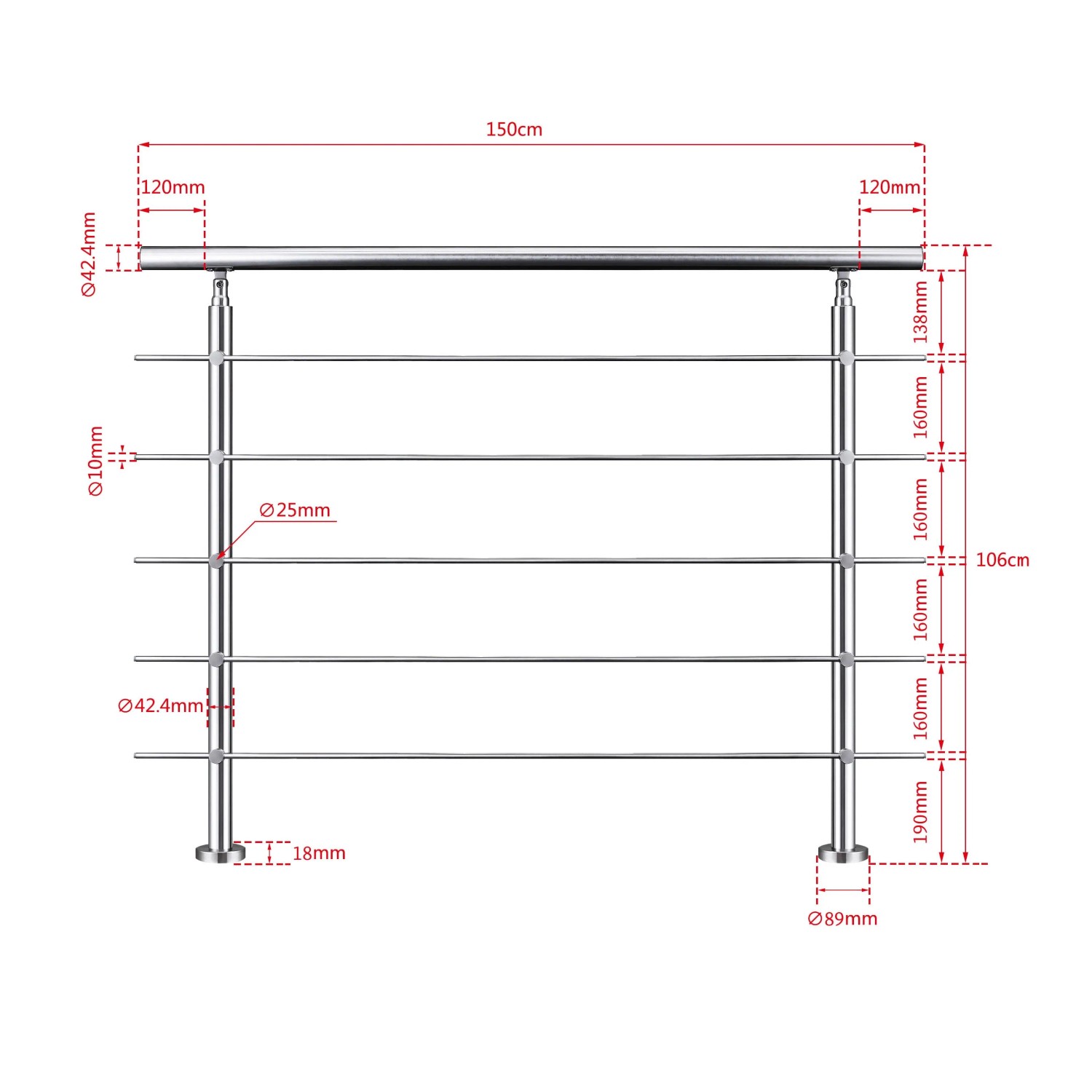 Edelstahl Geländer, 150 cm, mit 5 Querstäben für Treppen, Innen- und Außenbereich.