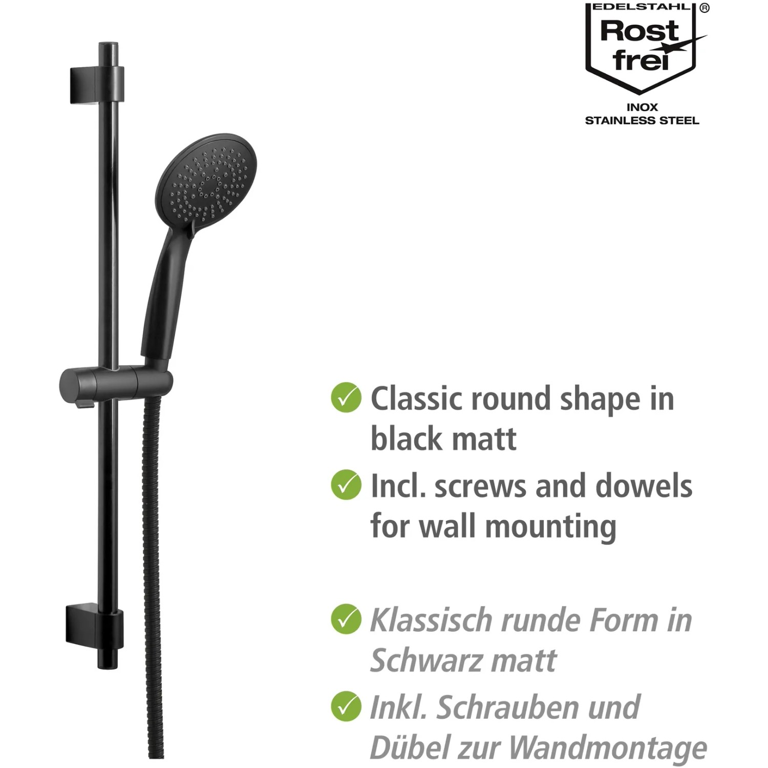 Wenko Brauseset Young Schwarz: Duschstange mit Handbrause und Schlauch in mattem Schwarz.