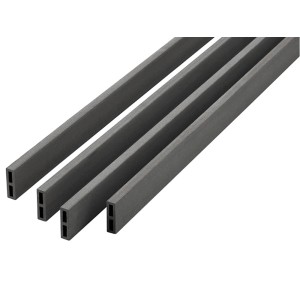 Graue WPC Abschlußleisten für Terrassendielen, seitliche Ansicht.
