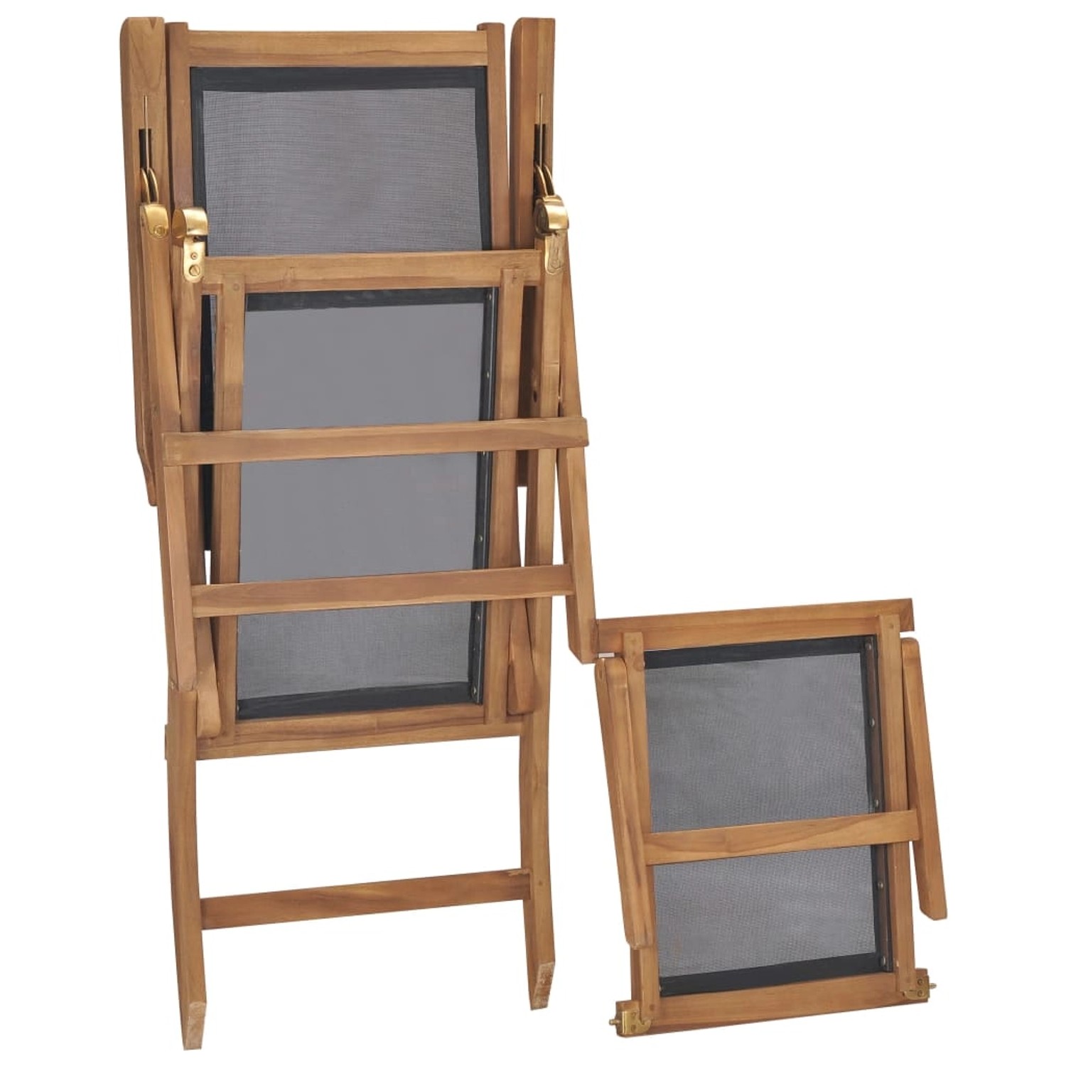 Zusammengeklappter, schwarzer vidaXL Liegestuhl mit Fußteil aus Teakholz. Sonnenliege für Garten und Terrasse.