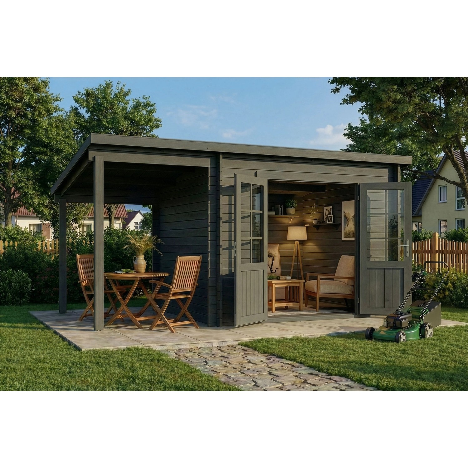 Alpholz Holz-Gartenhaus Maria 450x269cm mit Schleppdach Imprägniert Grau 34mm Wandstärke