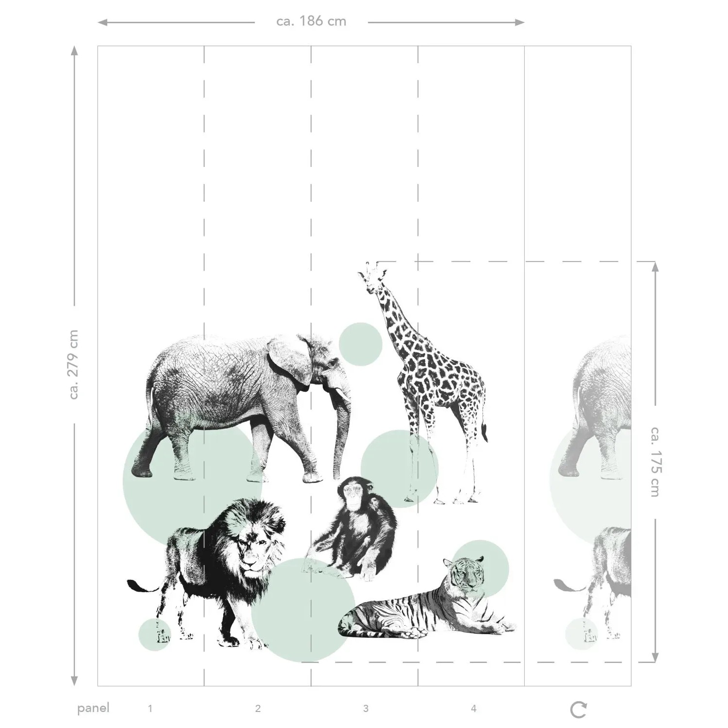 ESTAhome Fototapete mit Tieren in Mintgrün, ideal für Kinderzimmer. Elefant, Löwe, Giraffe und Tiger auf weißem Grund.