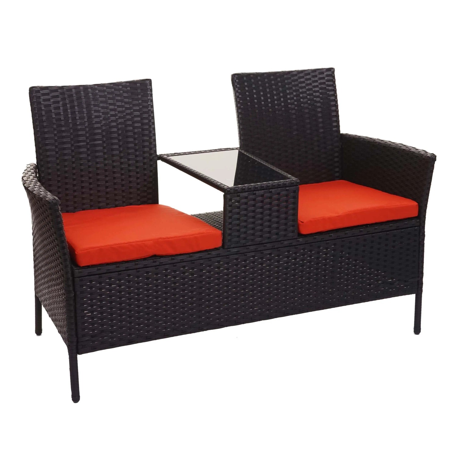 MCW Poly-Rattan Sitzbank mit Tisch E24 Schwarz Kissen Terracotta
