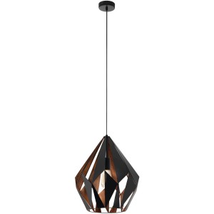 Moderne Eglo Hängeleuchte Carlton 1, schwarz-kupferfarben, mit geometrischem Lampenschirm.