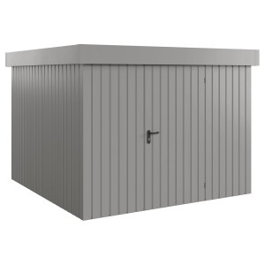Hörmann EcoStar Gerätehaus Euroline, Flachdach, Graualuminium, 285x278cm. Gerätehaus mit senkrechten Lamellen.