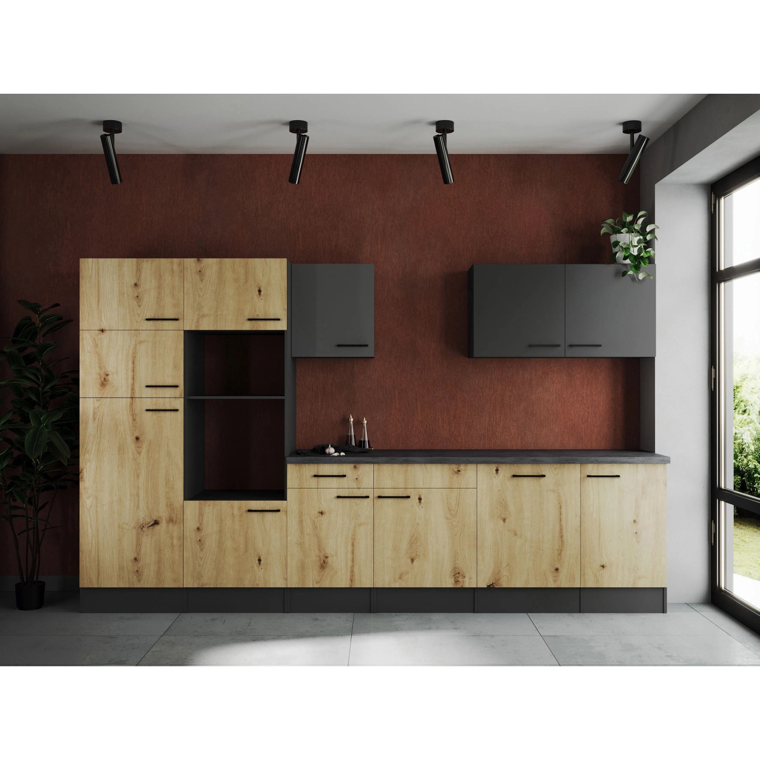 Respekta Küchenzeile Oliver 340 cm Artisan Eiche / Grau Matt ohne E-Geräte