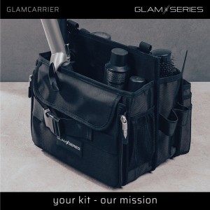 Schwarze faltbare Glamcarrier Kosmetiktasche mit Styling-Tools, vielen Fächern und Schnallenverschluss für Visagisten.