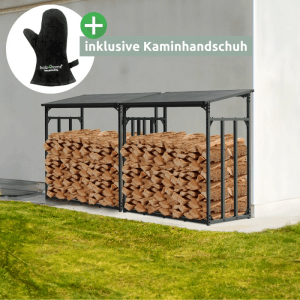 Anthrazit Kaminholzregal aus Metall mit Holzfüllung und Ofenhandschuh.