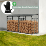 Anthrazit Kaminholzregal aus Metall mit Holzfüllung und Ofenhandschuh.