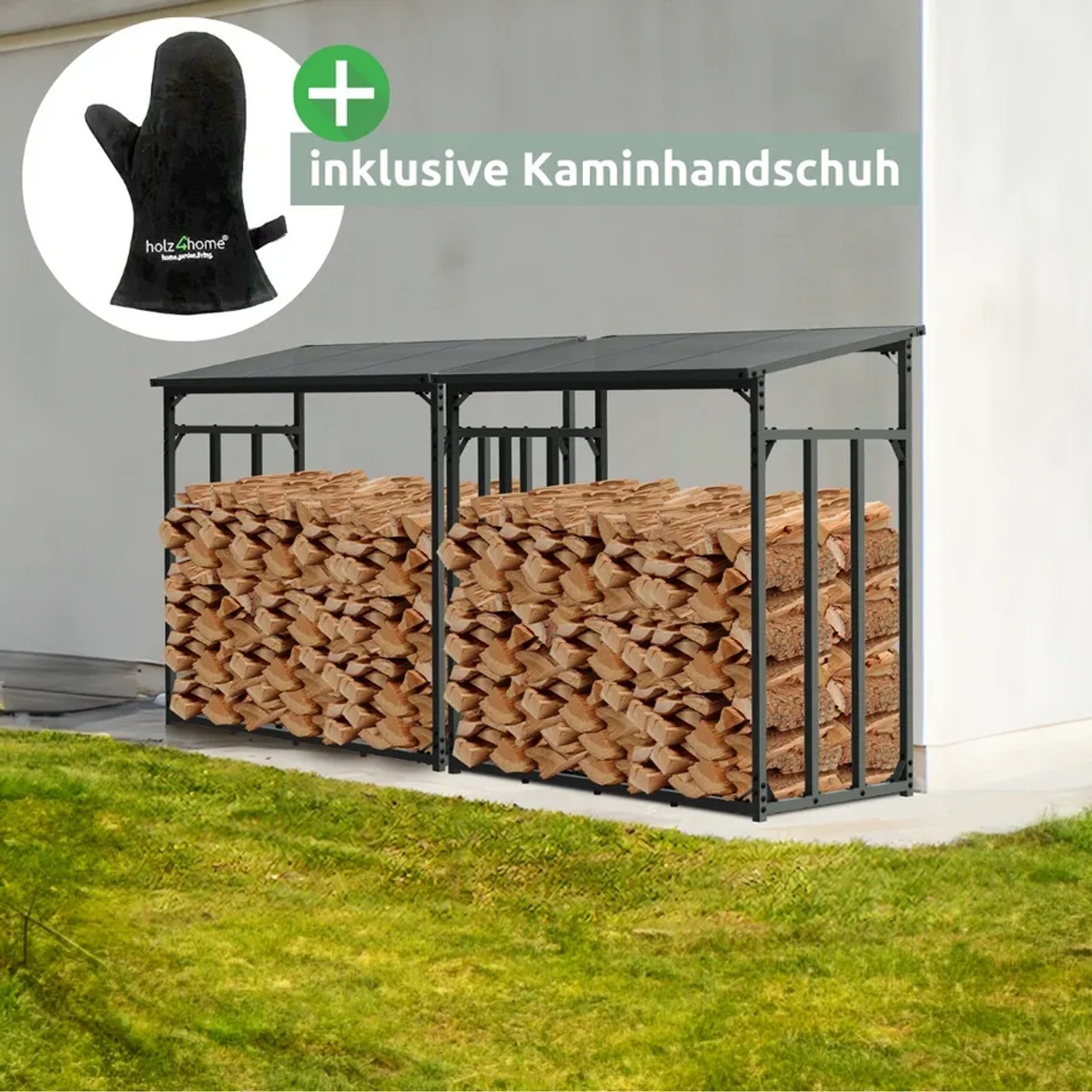 Anthrazit Kaminholzregal aus Metall mit Holzfüllung und Ofenhandschuh.