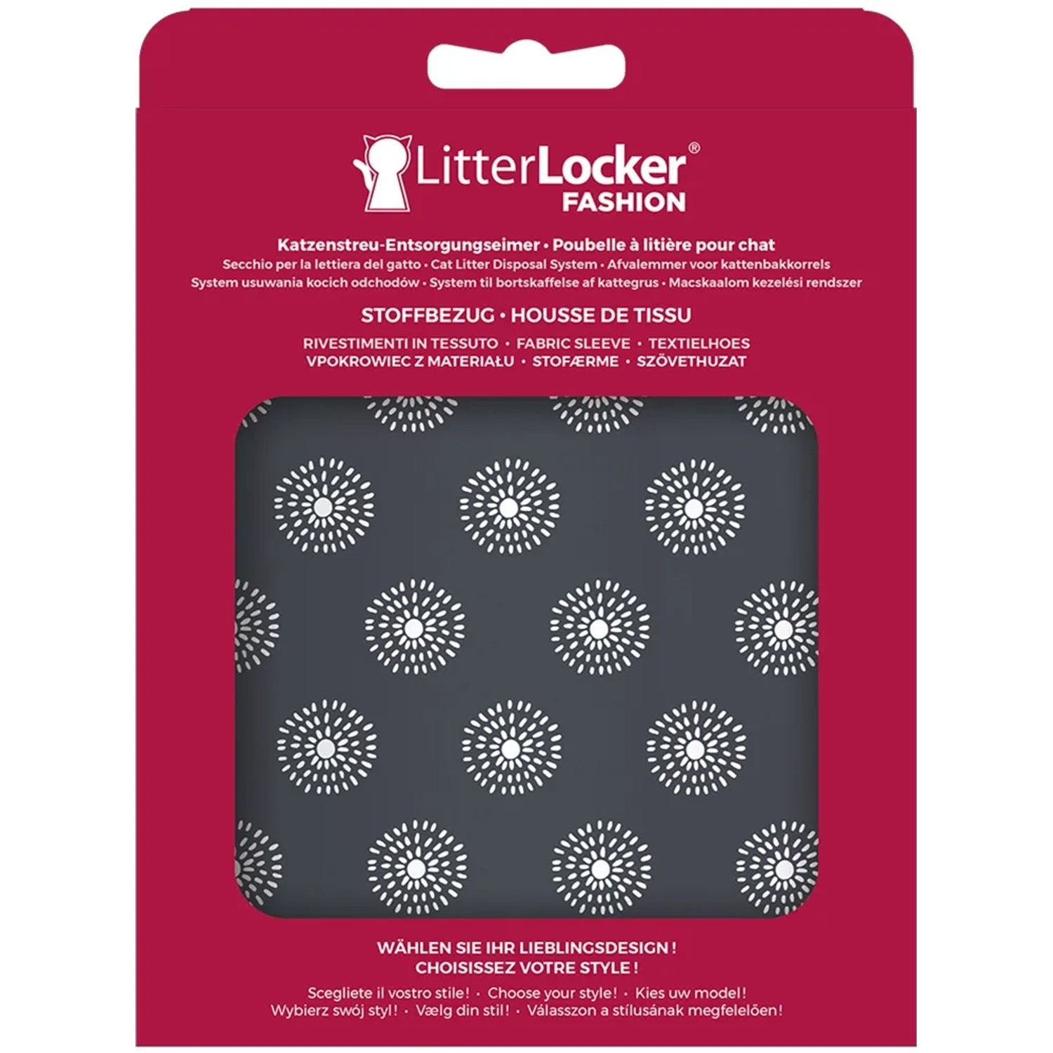 LitterLocker Fashion Stoffbezug Flowers Grey für Katzenstreu-Eimer mit Blumenmuster.