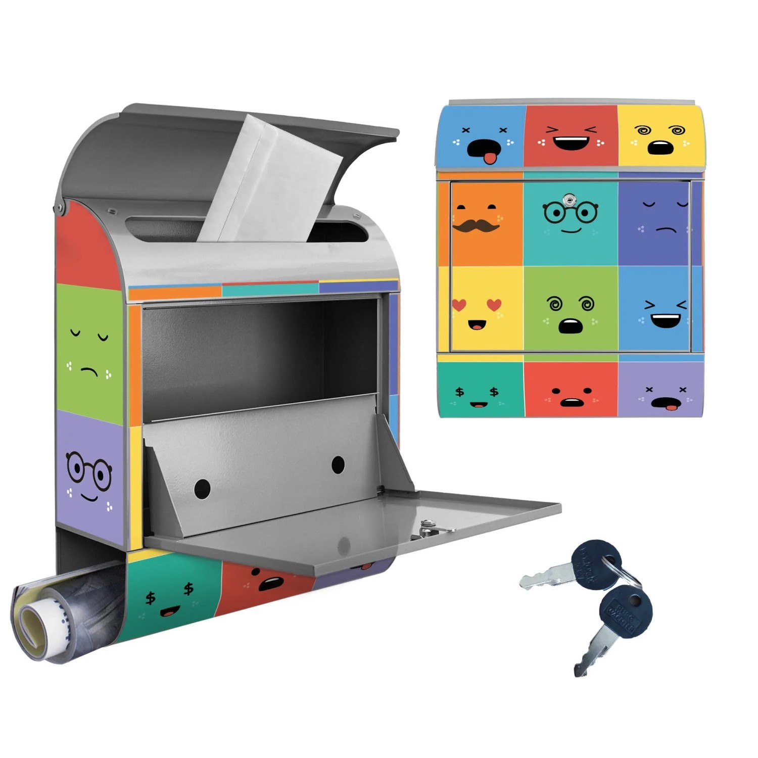 Banjado Design Briefkasten Silber mit Motiv Neun Keinenasen, Zeitungsfach und 2 Schlüssel.