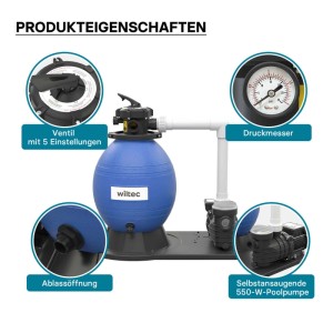 Wiltec Sandfilteranlage 550W 38L Filtertank 18000L/H Pumpe Pool Filterpumpe