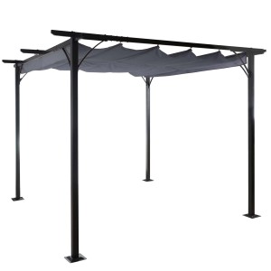Graue MCW Pergola C42 3x3m mit stufenlos regulierbarem Schiebedach für Terrasse & Garten.