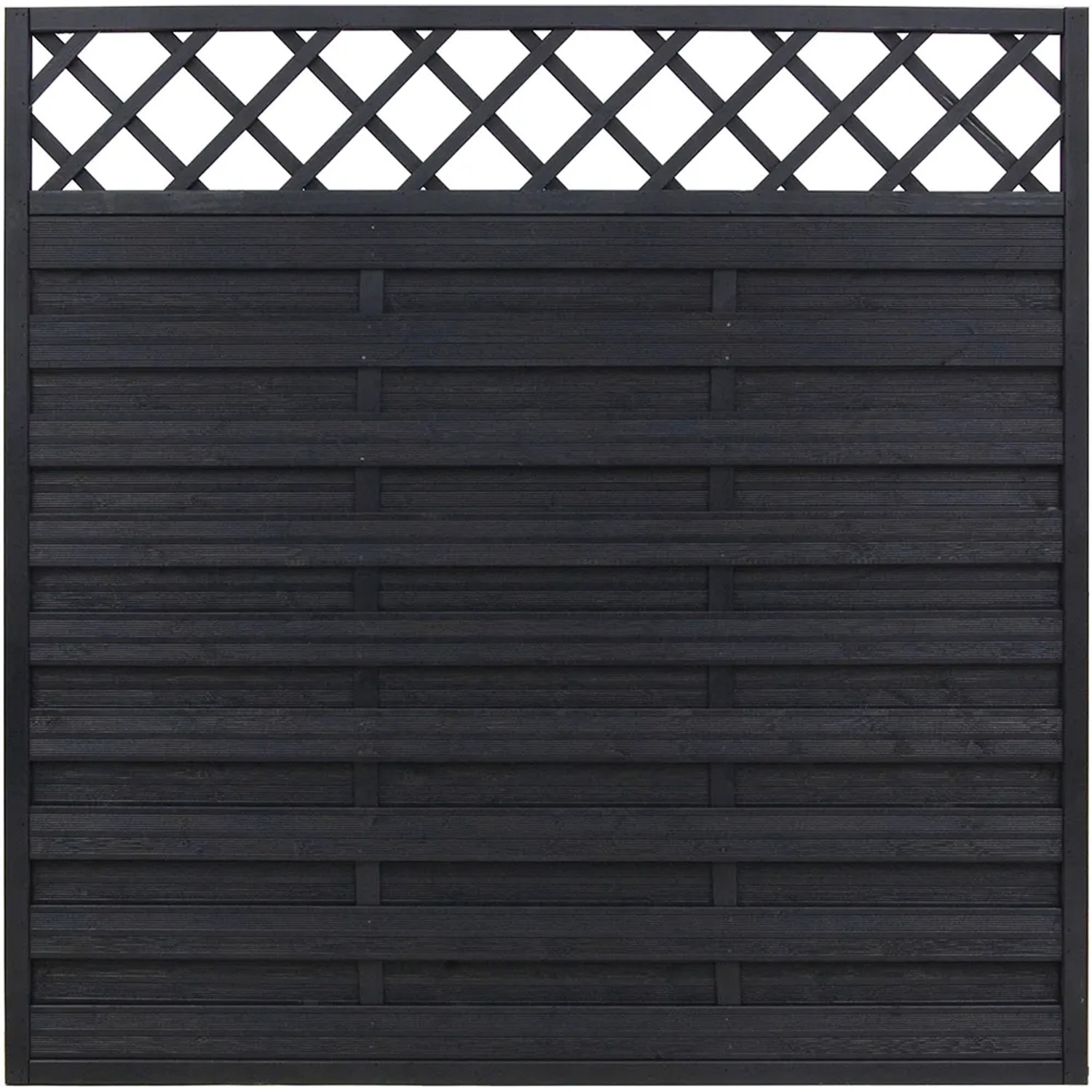 Anthrazitfarbenes Sichtschutzzaun-Element Country, lasiert, 180x180 cm, mit Lattenzaun-Abschluss.