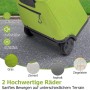 Grüner klappbarer Einkaufstrolley mit 2 hochwertigen, geräuschlosen Rädern auf Asphalt. Abriebfest für diverse Untergründe.