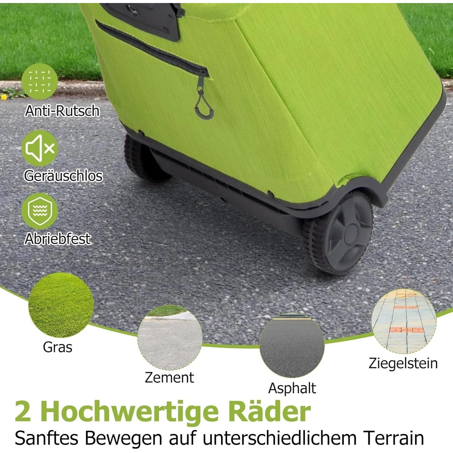 Grüner klappbarer Einkaufstrolley mit 2 hochwertigen, geräuschlosen Rädern auf Asphalt. Abriebfest für diverse Untergründe.