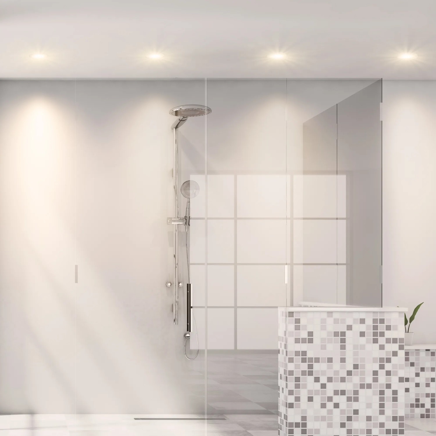 Weißer, runder SSC-LUXon LED Einbaustrahler (4W) im Badezimmer mit Dusche.