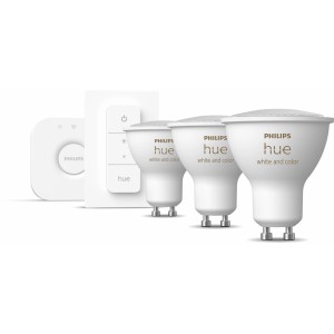 Philips Hue GU10 Starterset: 3 LED Lampen, Bridge und Dimmschalter.