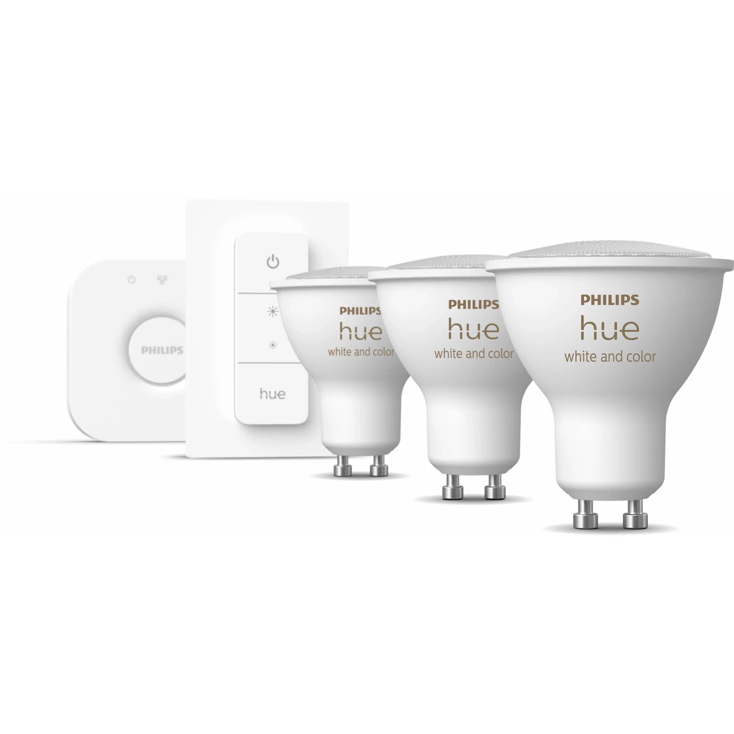 Philips Hue GU10 Starterset: 3 LED Lampen, Bridge und Dimmschalter.