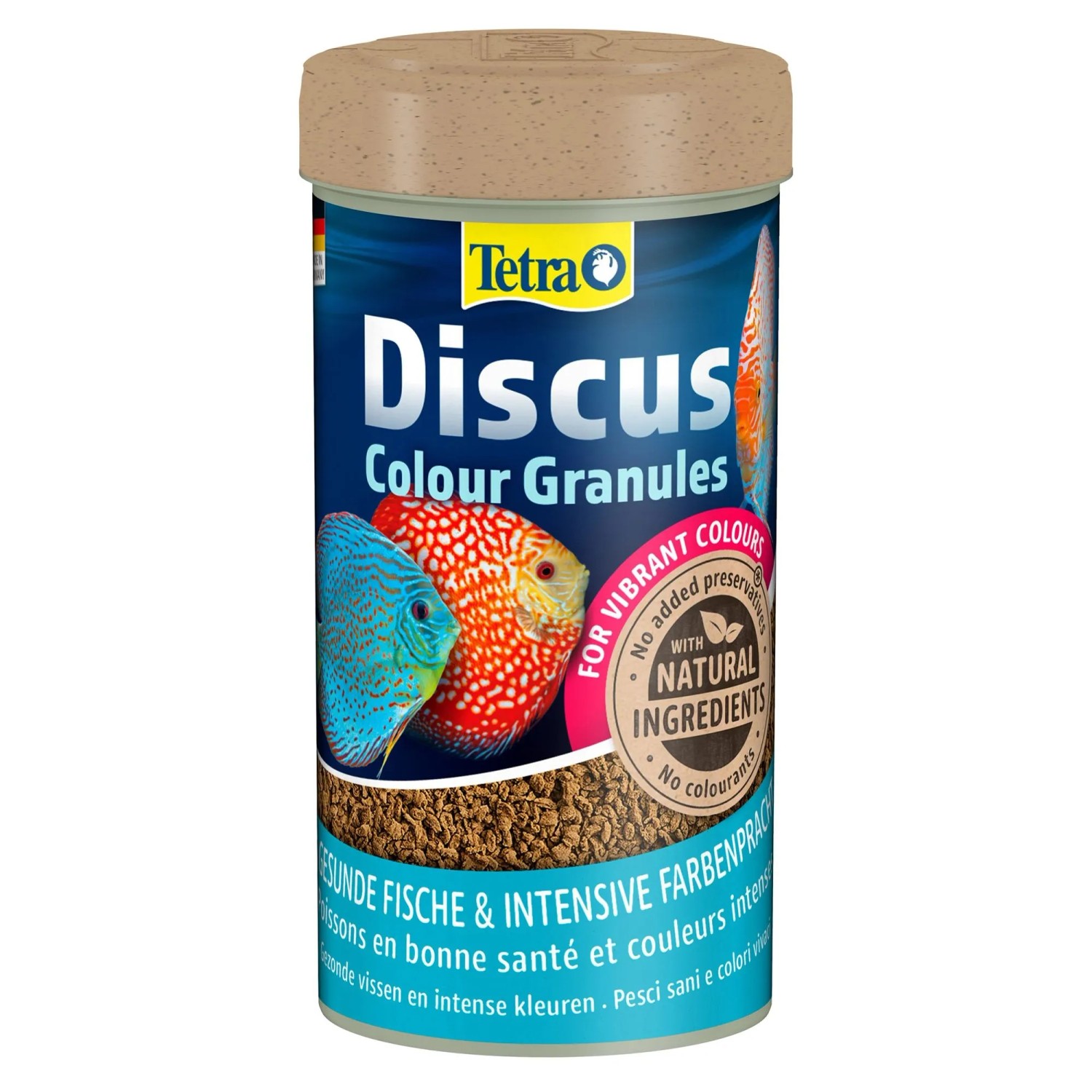 Tetra Discus Colour Granules Fischfutter. Blauer Behälter mit Granulat für Diskusfische, fördert leuchtende Farben.