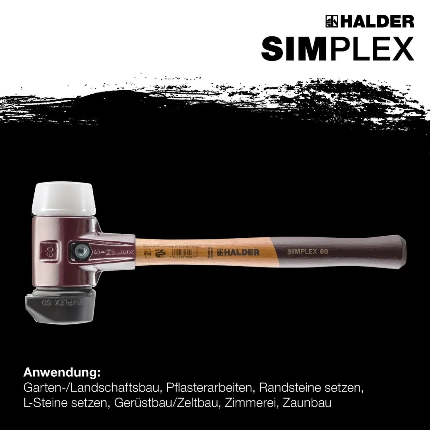 Halder Simplex Schonhammer, Ø 60 mm, mit Gummi-, Superplastik-Einsatz und Standfuß.