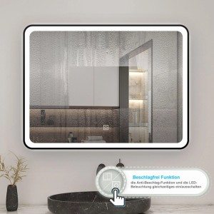 Schwarzer Aica Badspiegel 80x60 cm mit LED-Beleuchtung, dimmbar und beschlagfrei.