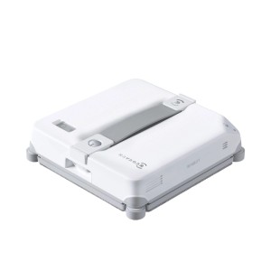 Weißer ECOVACS WINBOT MINI2 Fensterputzroboter, schlankes Design, mit grauem Griff und Reinigungsbürsten.