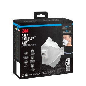 3M Aura Komfort Atemschutzmaske FFP2 mit Cool Flow Ventil, 10er-Pack. Schutzmaske in Weiß, verpackt im Karton.