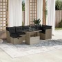 Hellgraue 8-tlg. vidaXL Garten-Sofagarnitur aus Poly Rattan mit dunklen Kissen und Tisch.